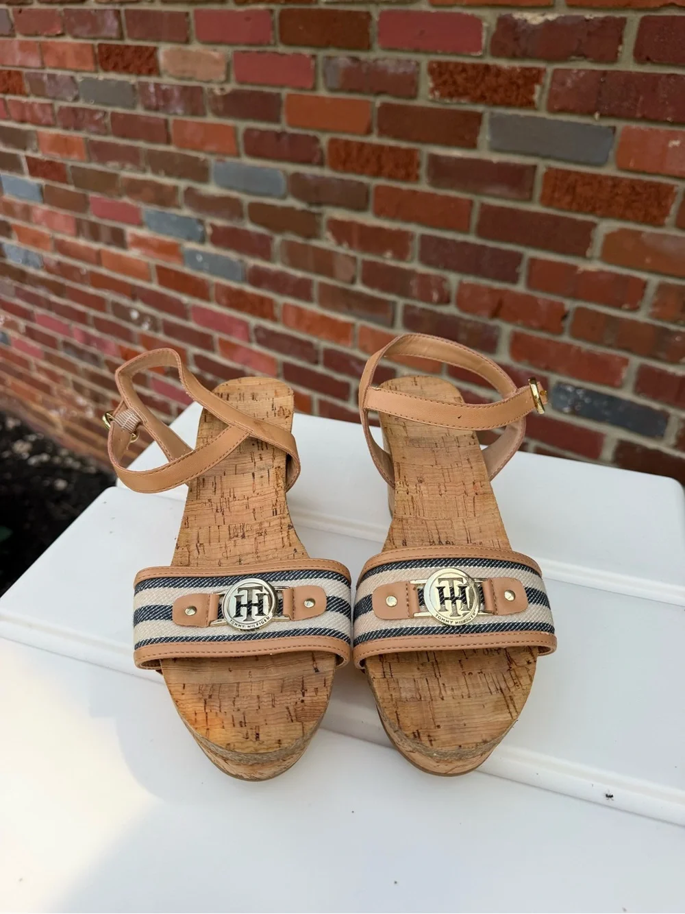 Tommy Hilfiger Tan Cork Wedge Sandals with Navy and White Stripes